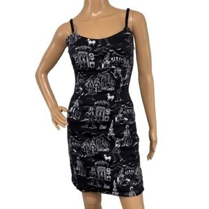 Vintage 90s Black Paris Themed Fitted Mini Spaghetti Strap Dress Size S